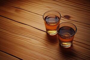 Two shot glasses of amber liquid on a wooden table photo