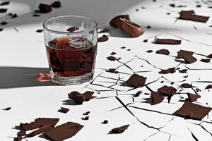 Broken pieces of dark chocolate surrounding a glass of dark drink photo
