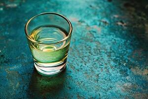 Clear shot glass filled with amber liquid on a teal surface photo