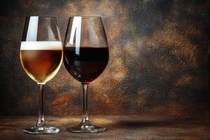 Two glasses of wine, one white, one red, on a rustic background photo