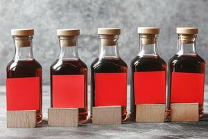 Row of empty dark glass bottles with red labels and wooden coasters photo