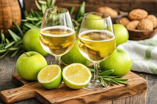 Sparkling apple cider in glasses, surrounded by fresh apples and lemon slices photo