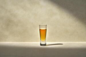 Single shot of amber liquid in a clear glass photo