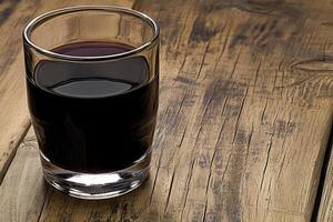 Dark red liquid in a glass on a wooden table photo