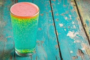 Vibrant, fizzy drink in glass on teal wood photo