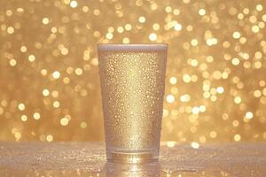 Cold drink in a glass, glistening with condensation, against a golden bokeh background photo