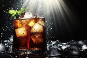 Refreshing cola drink with ice and mint photo