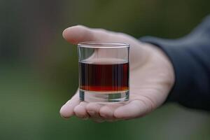 Small glass shot of dark liquid held in a hand photo