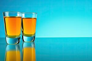 Two shot glasses filled with amber liquid on a reflective turquoise surface photo