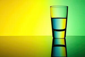 Half-full shot glass on a reflective surface photo