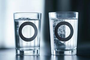 Two glasses of water, one plain, one with effervescent tablets photo