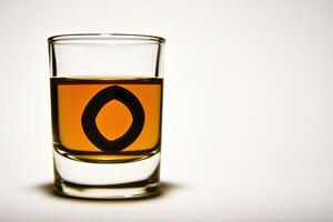 A shot glass filled with amber-colored liquid, featuring a black silhouette of an oval shape photo