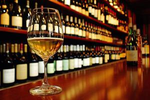 Wine glass on bar with many bottles photo