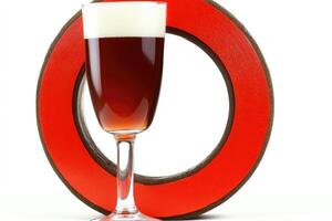 Dark amber cocktail in a stemmed glass, next to a large red ring photo