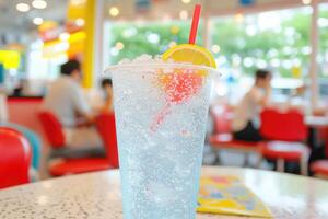 Refreshing blue soda drink with lemon photo