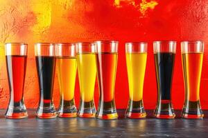 Row of assorted beers in glasses photo