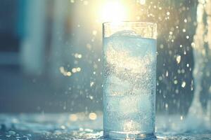 Refreshing drink with ice in glass, splashing water photo
