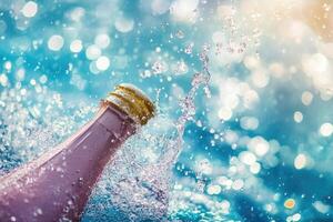 Sparkling Pink Champagne Bottle in Water Splash photo