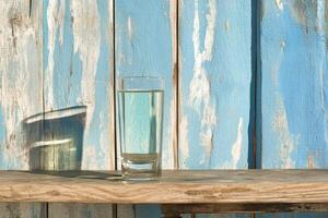 Clear glass of water on rustic wooden shelf against weathered blue painted wood photo
