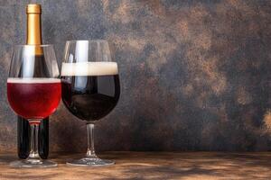 A bottle of wine and two glasses of wine photo