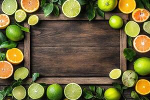 Fresh citrus fruits arranged around a wooden frame photo