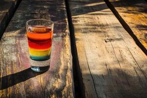 Colorful layered shot glass on weathered wood photo