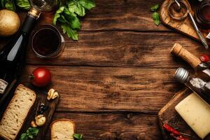 Various types of food and wine on a wooden table photo