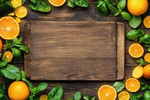 Fresh citrus and herbs on wooden board photo
