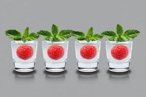 Four shot glasses filled with a clear liquid, each topped with a raspberry and mint leaf photo