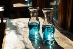 Two blue glass decanters on a wooden table photo