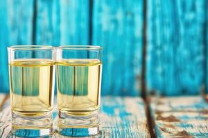 Two shot glasses of light amber liquid on a rustic teal wooden table photo