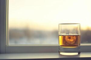 A glass of amber liquid sits on a windowsill, bathed in soft sunlight photo