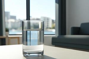 Clear glass of water on a light-colored table in a modern room with city views photo