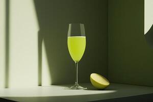 Lime green beverage in a champagne flute, beside a slice photo