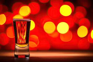 Shot glass of amber liquid against a festive backdrop photo