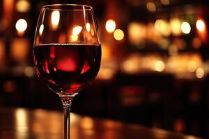 Red wine glass in a dimly lit bar photo