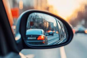 City traffic seen in a car side mirror at sunset photo