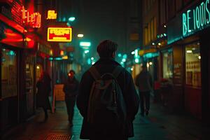 Nighttime city street scene with pedestrian photo