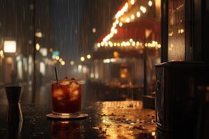 A drink sitting on a bar in the rain photo