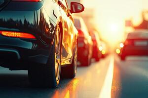 Traffic jam at sunset. Vehicles in a queue photo