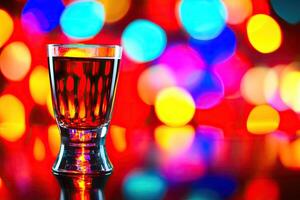 Shot glass filled with dark liquid, vibrant bokeh photo