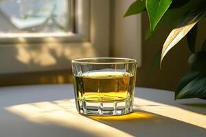 Golden liquid in a glass, bathed in sunlight photo
