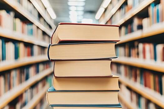 Stacked books in a library photo