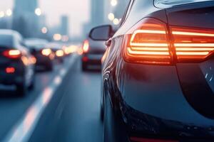 City traffic at night, rear view of a car photo