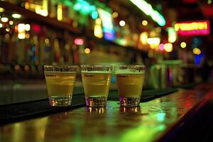 Three small beer glasses on a bar top photo