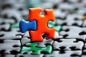 A single orange puzzle piece fits perfectly into a larger gray puzzle photo