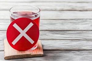 A glass of red liquid with a red cross on it photo