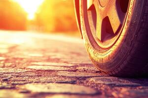 Sunset car tire on cobblestones photo