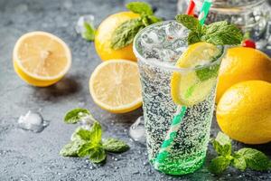 Refreshing, icy drink with lemon and mint photo