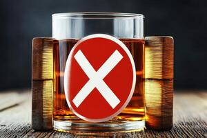 A glass of amber liquid, marked with a red 'X', signifying prohibition or no alcohol photo
